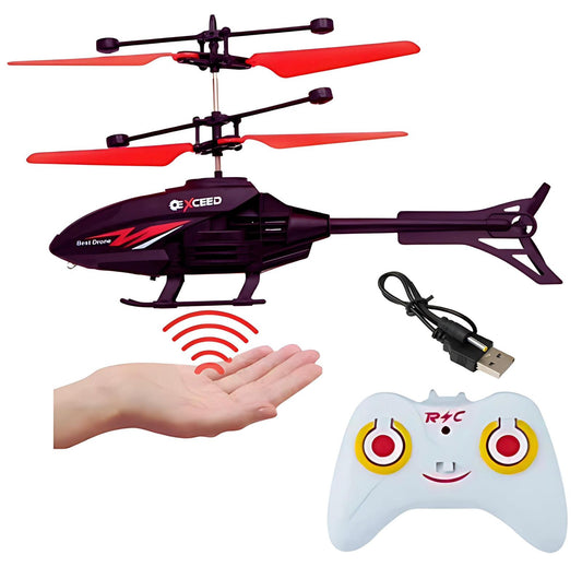 RC helicopter with USB cable and remote control on a white background