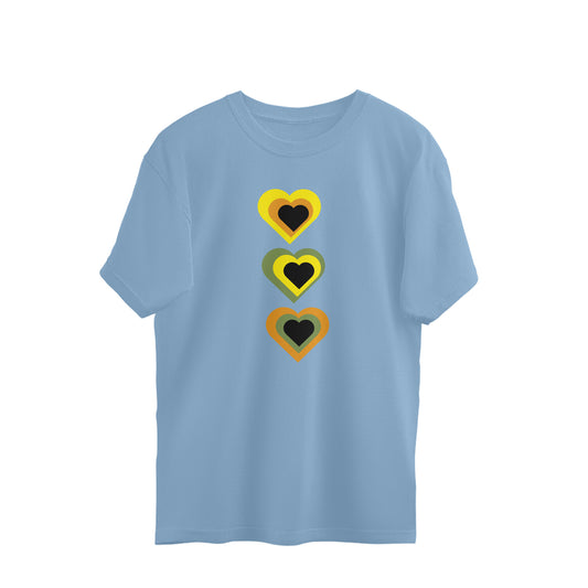 Light blue t-shirt with three heart-shaped designs on a white background
