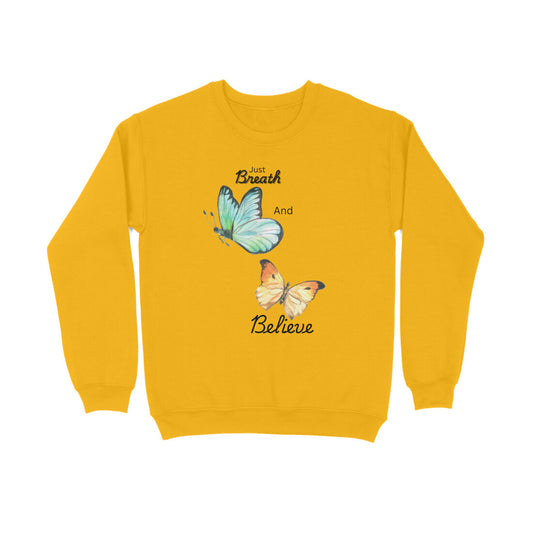 Yellow sweatshirt with butterfly design and text on a white background