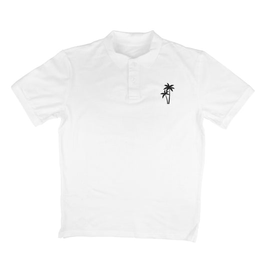 White polo shirt with a black palm tree design on a white background