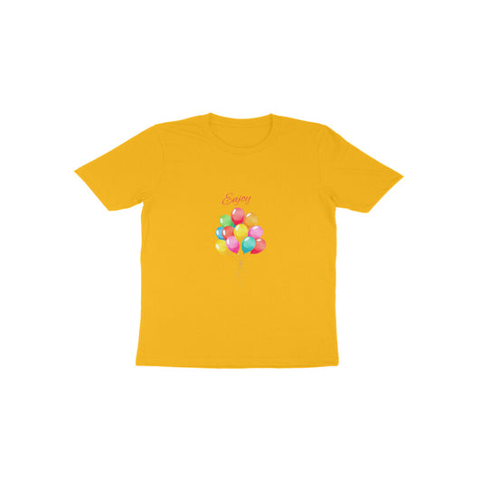 Yellow t-shirt with colorful balloon design on a white background