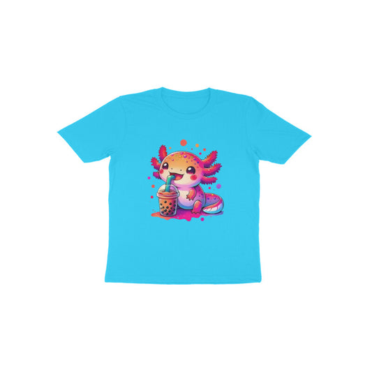 Blue t-shirt with a cute cartoon character drinking from a cup on a white background