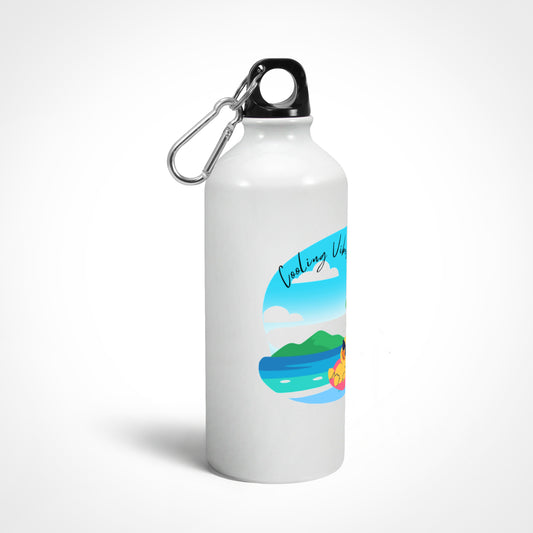 White water bottle with a colorful design and carabiner on a white background