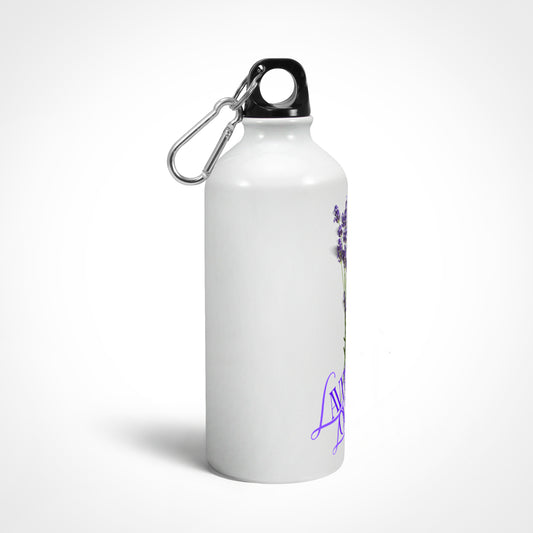 White water bottle with purple text and carabiner on a white background