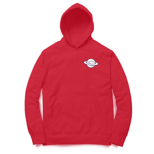 Red hoodie with a small white logo on a white background