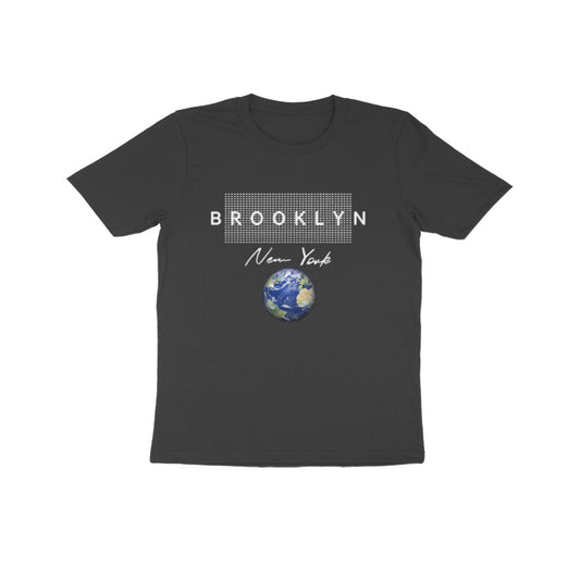 Black t-shirt with 'Brooklyn New York' design featuring a globe on a white background