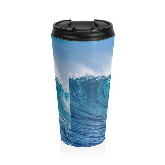 Travel mug with ocean wave design on a white background