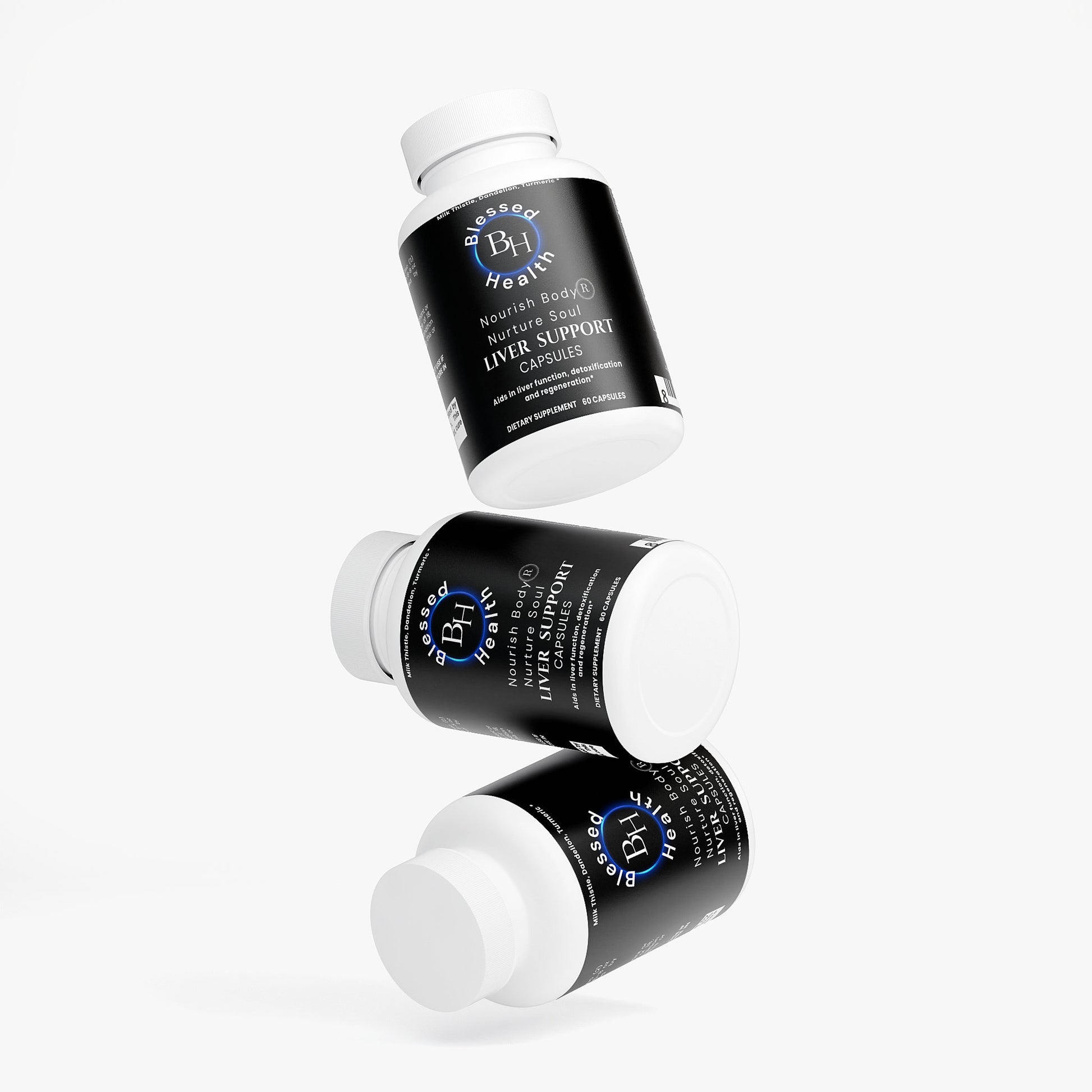 Three bottles of BPL Health supplements on a white background