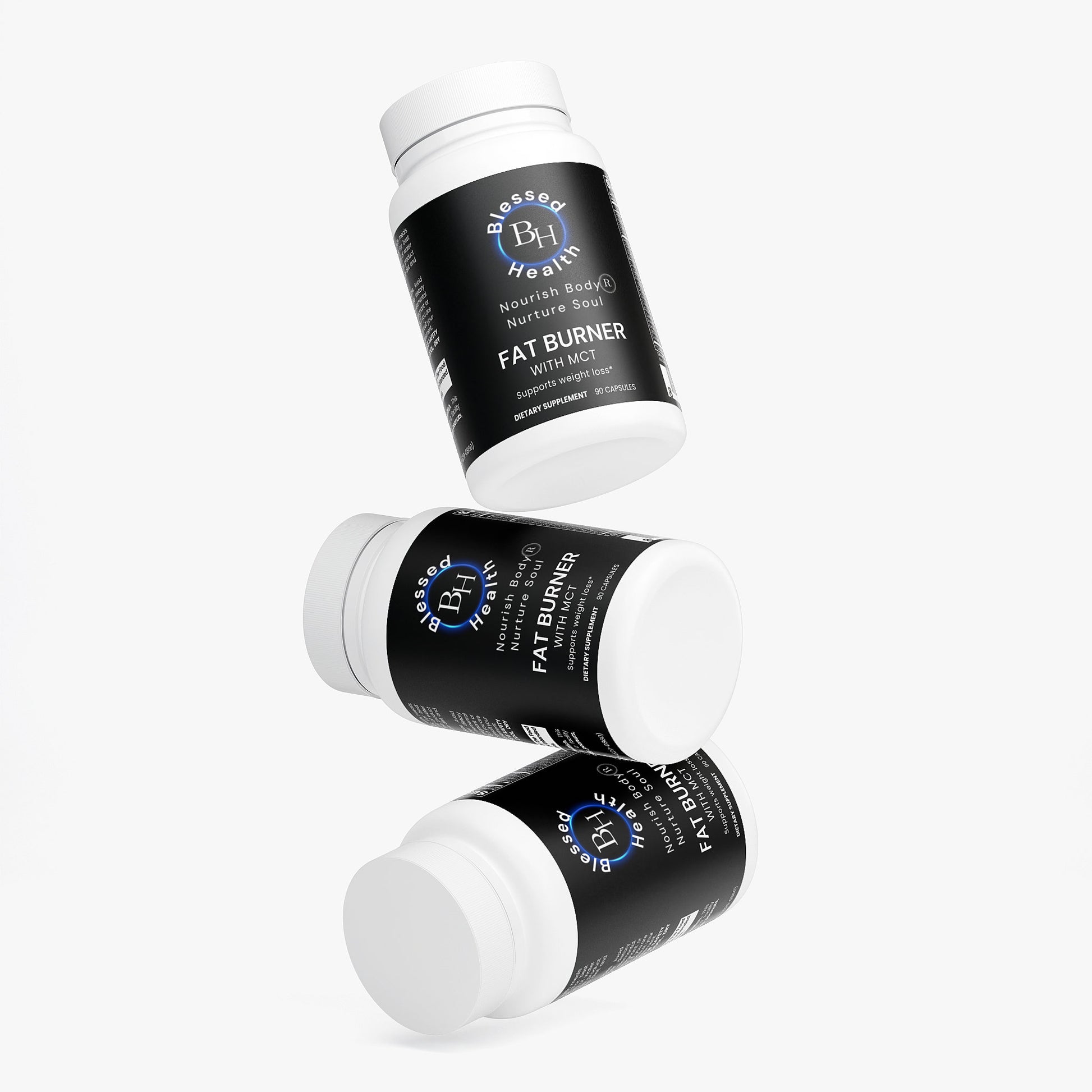 Three bottles of Blessed & Healed Fat Burner on a white background