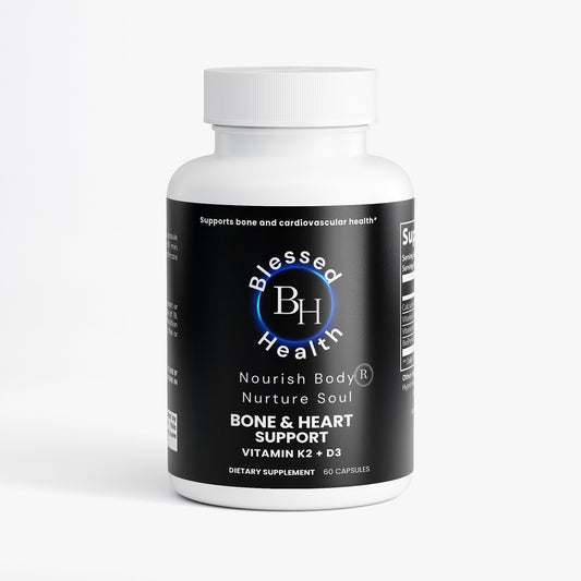 Supplement bottle labeled 'Blessed Health' on a white background