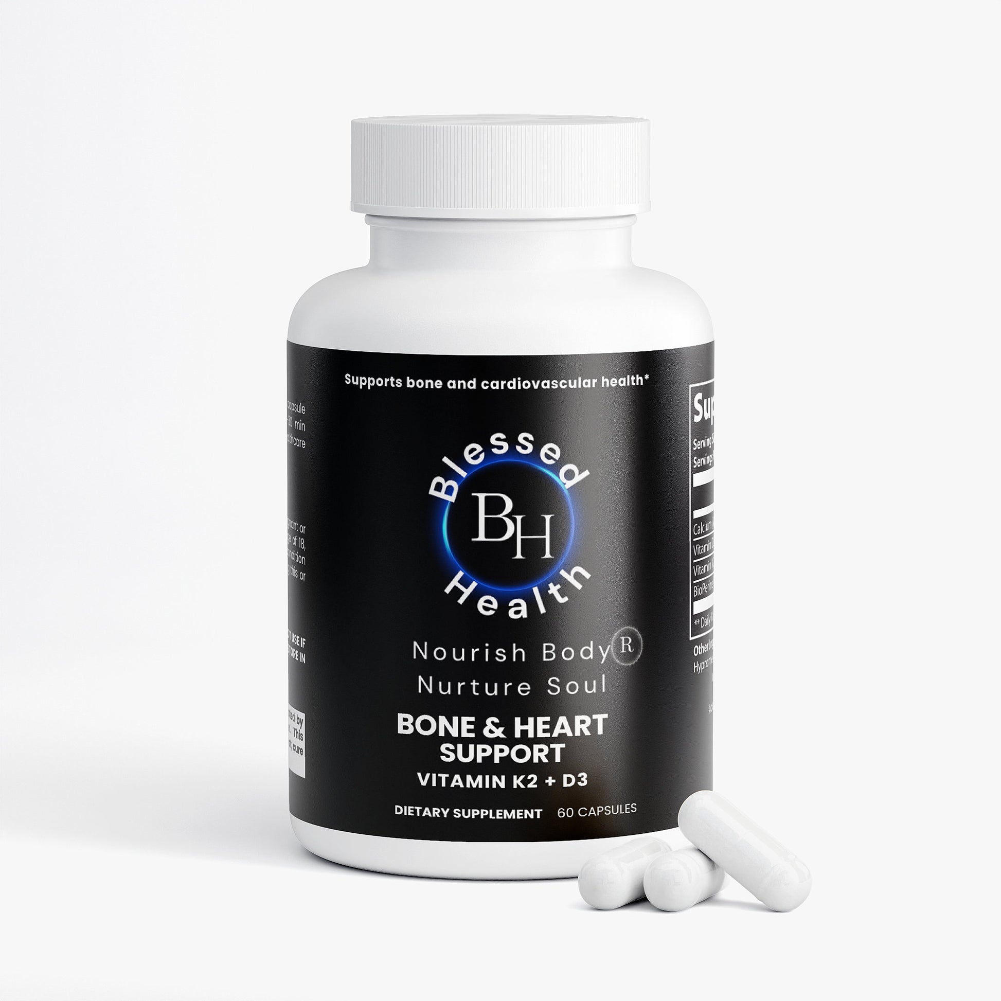 Blessed Health bone and heart support supplement bottle with capsules on a white background