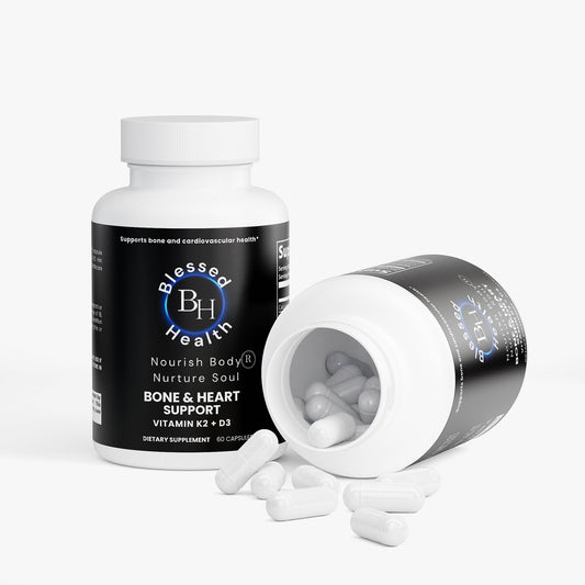 Blessed Health dietary supplement bottle with open cap showing pills on a white background