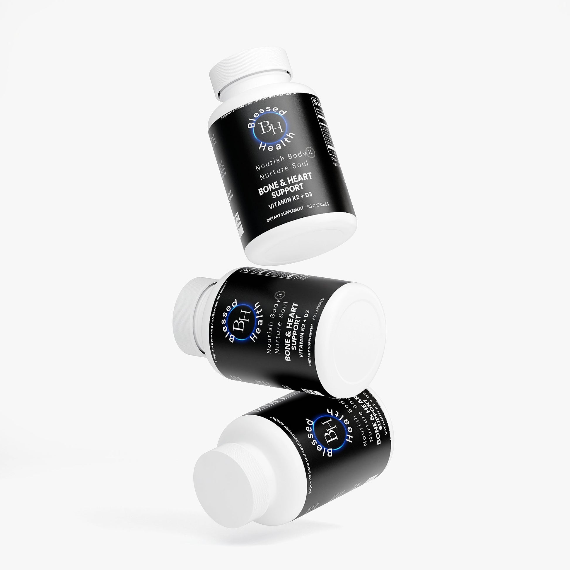 Three bottles of a supplement product on a white background