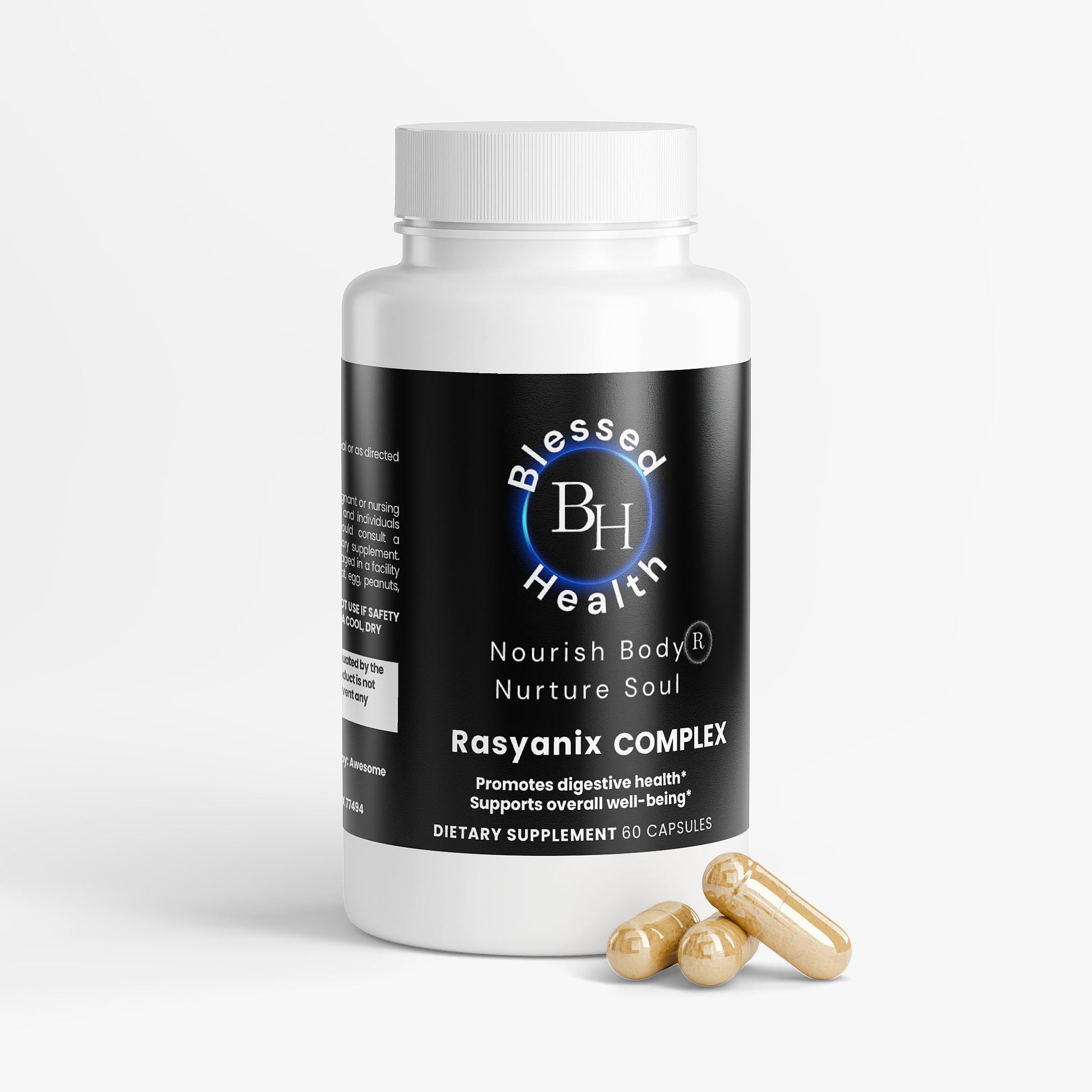 Blessed Health Rasyanix Complex dietary supplement bottle with capsules on a white background