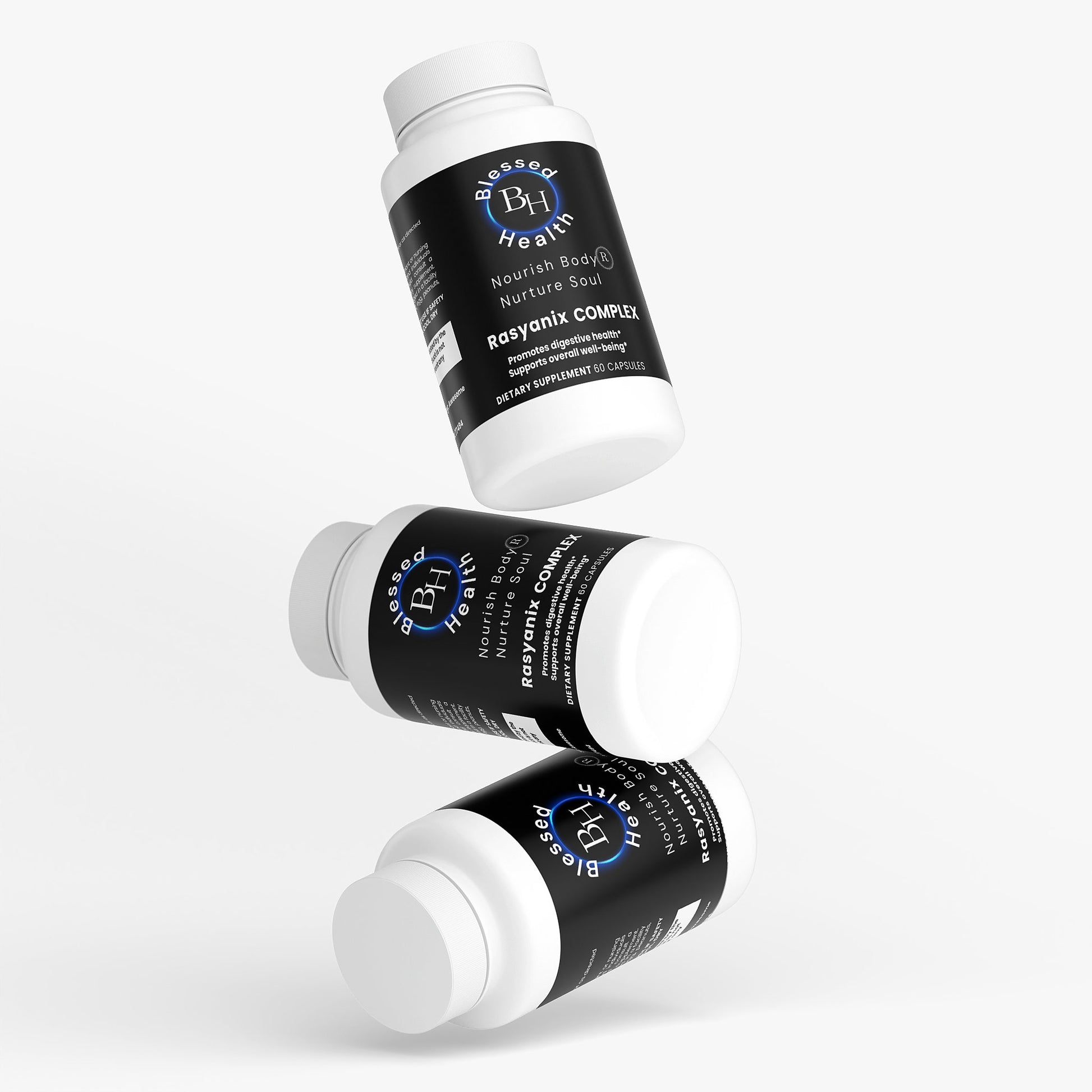 Three bottles of a supplement labeled 'BH' on a white background