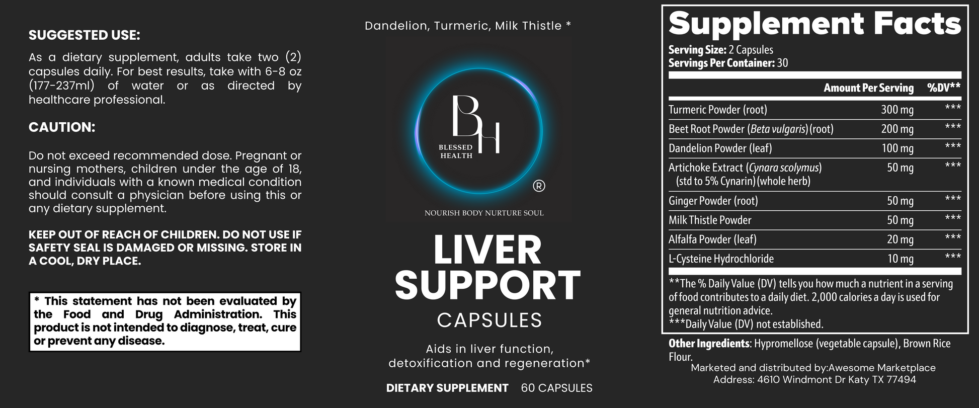 Supplement label for Liver Support Capsules branding and supplement facts.