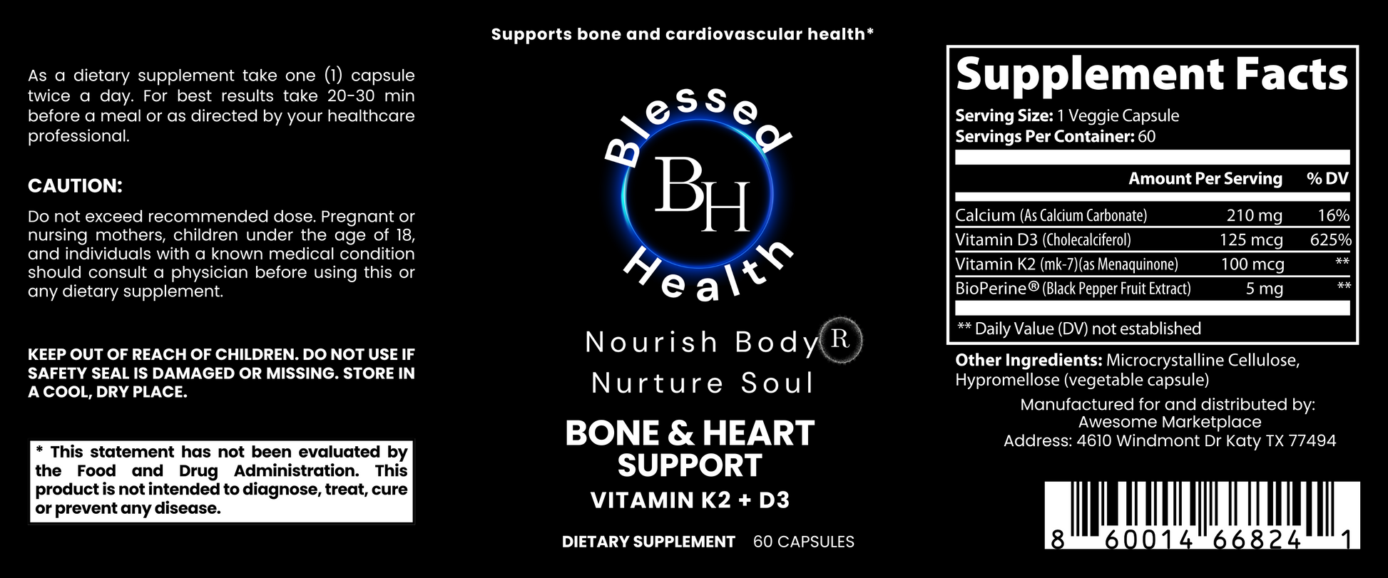 Blessed Health supplement label for bone and heart support with text and logo.