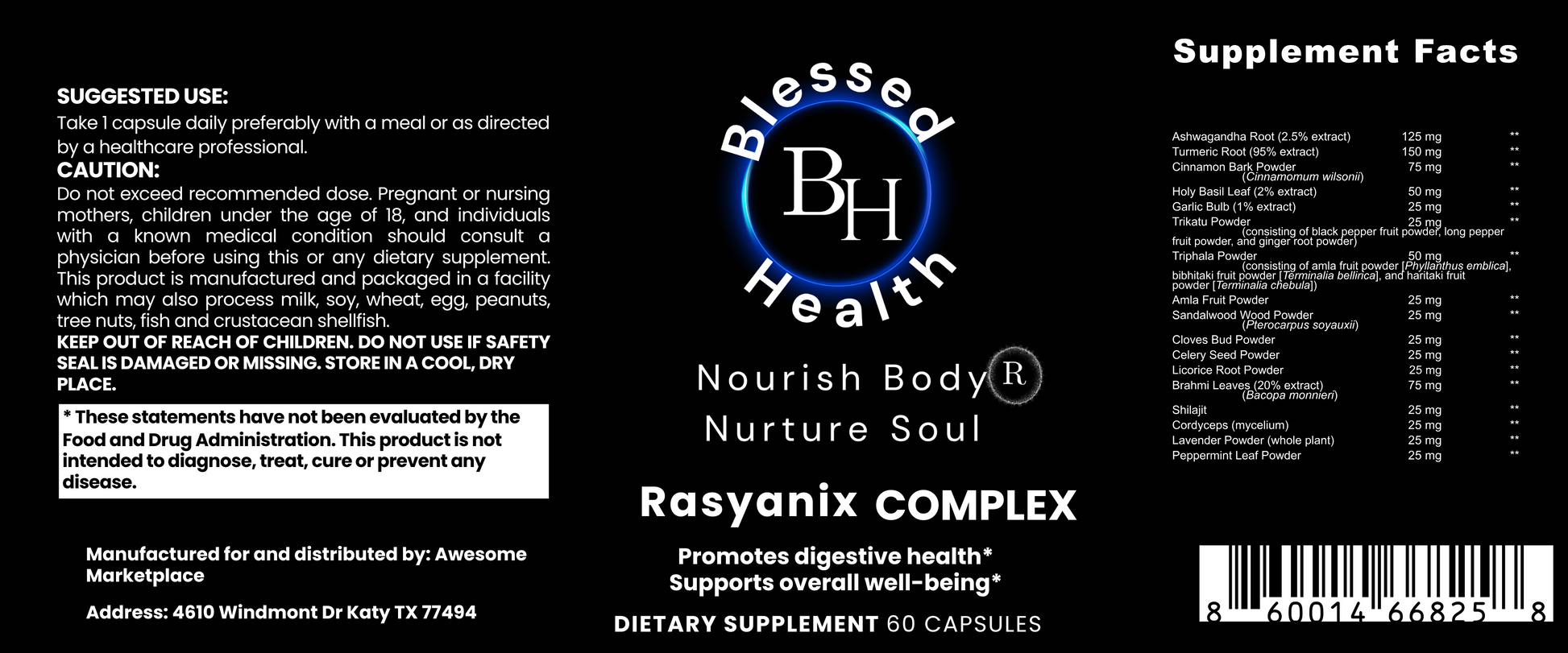Supplement label for 'Blessed Health' Rasyanix Complex with text and branding.