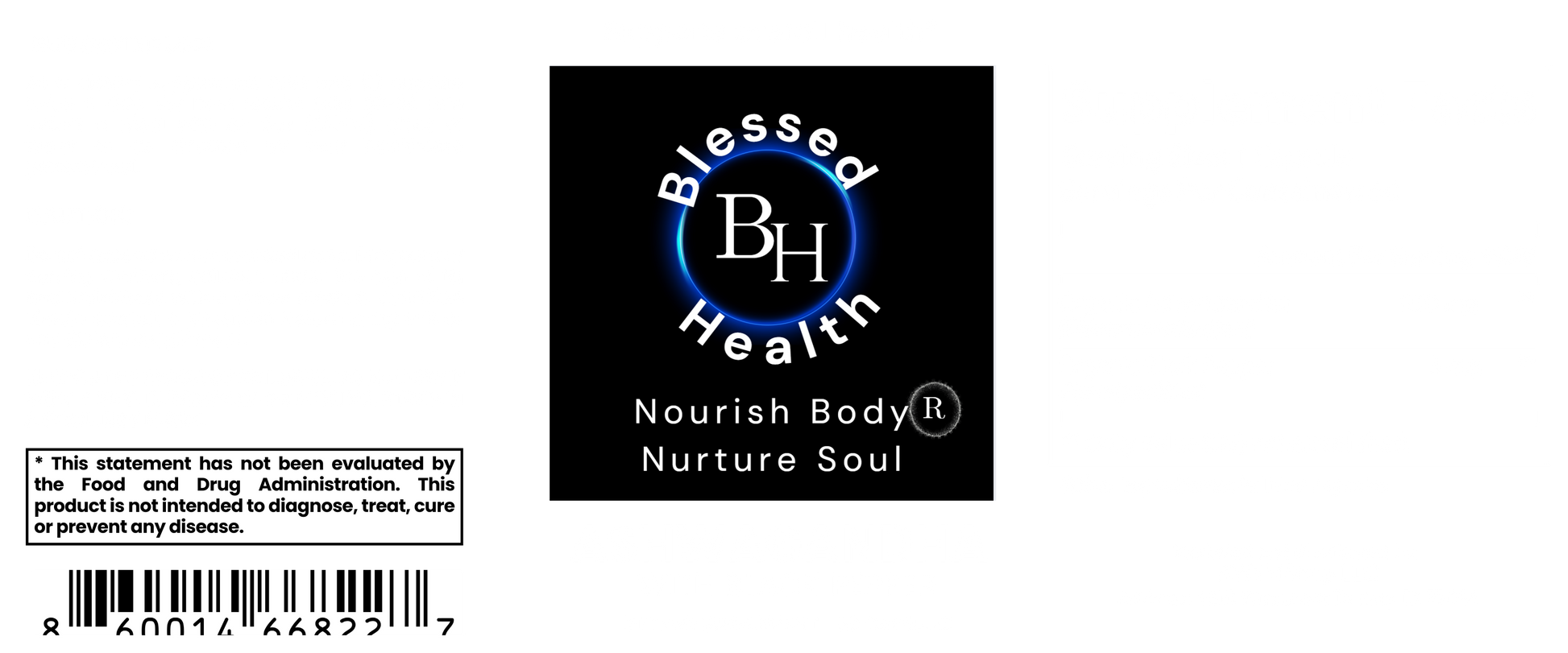 Blessed Health logo on a product label with text and barcode