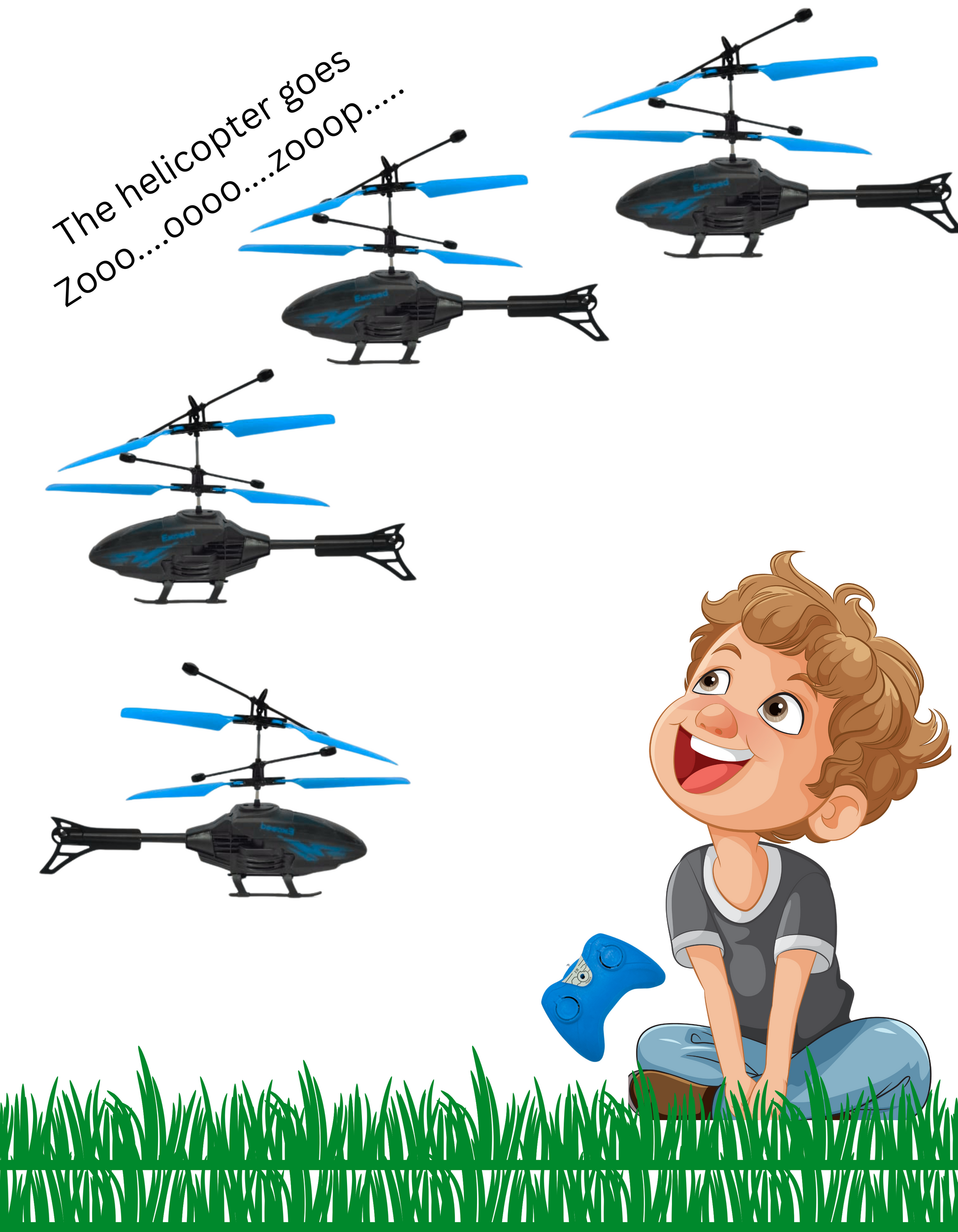 Toy helicopter with blue propellers and a boy playing with it on grass.