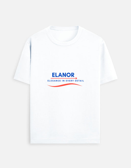 White t-shirt with 'Elanor' logo on a white background