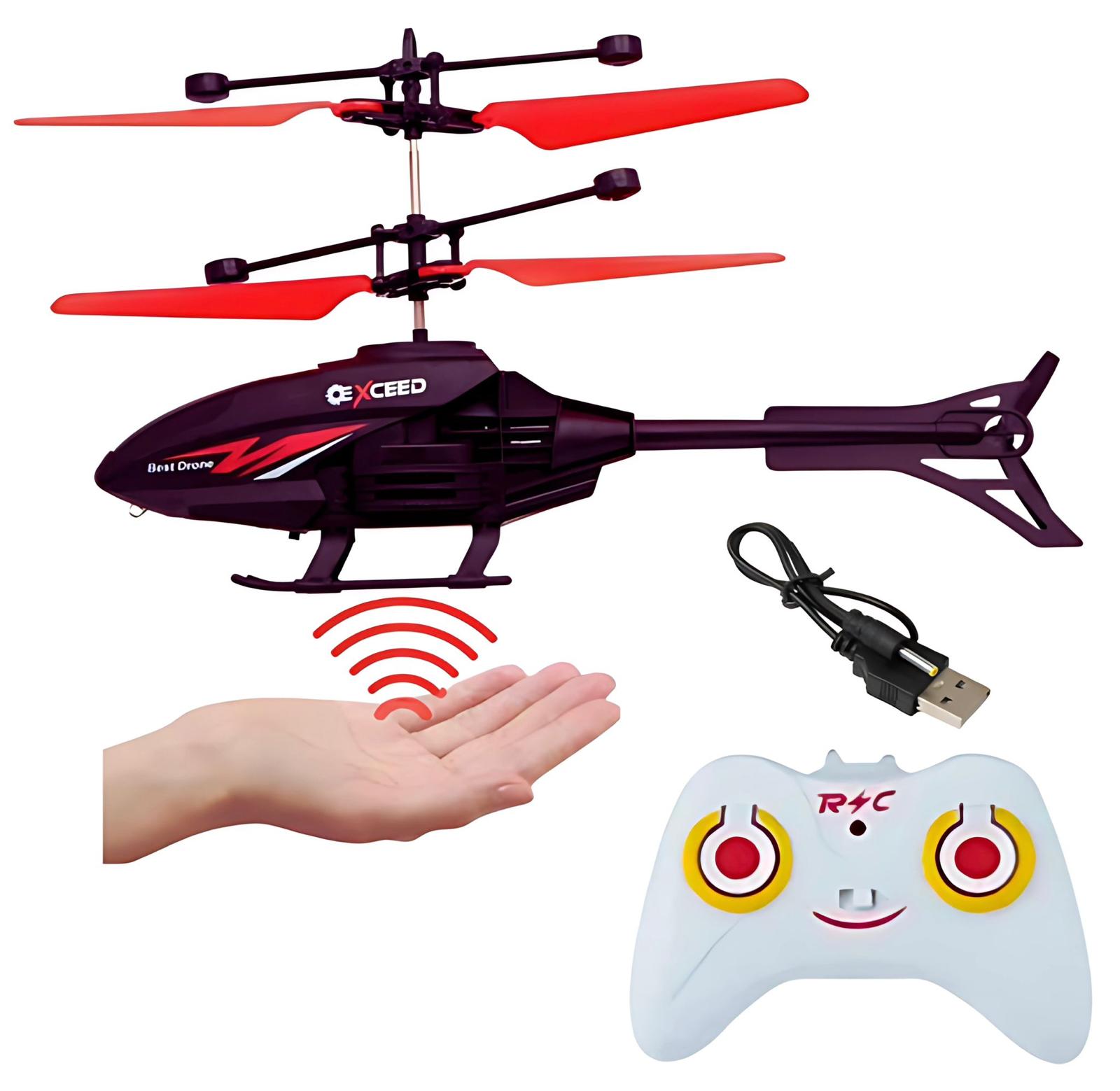 RC helicopter with USB cable and remote control on a white background
