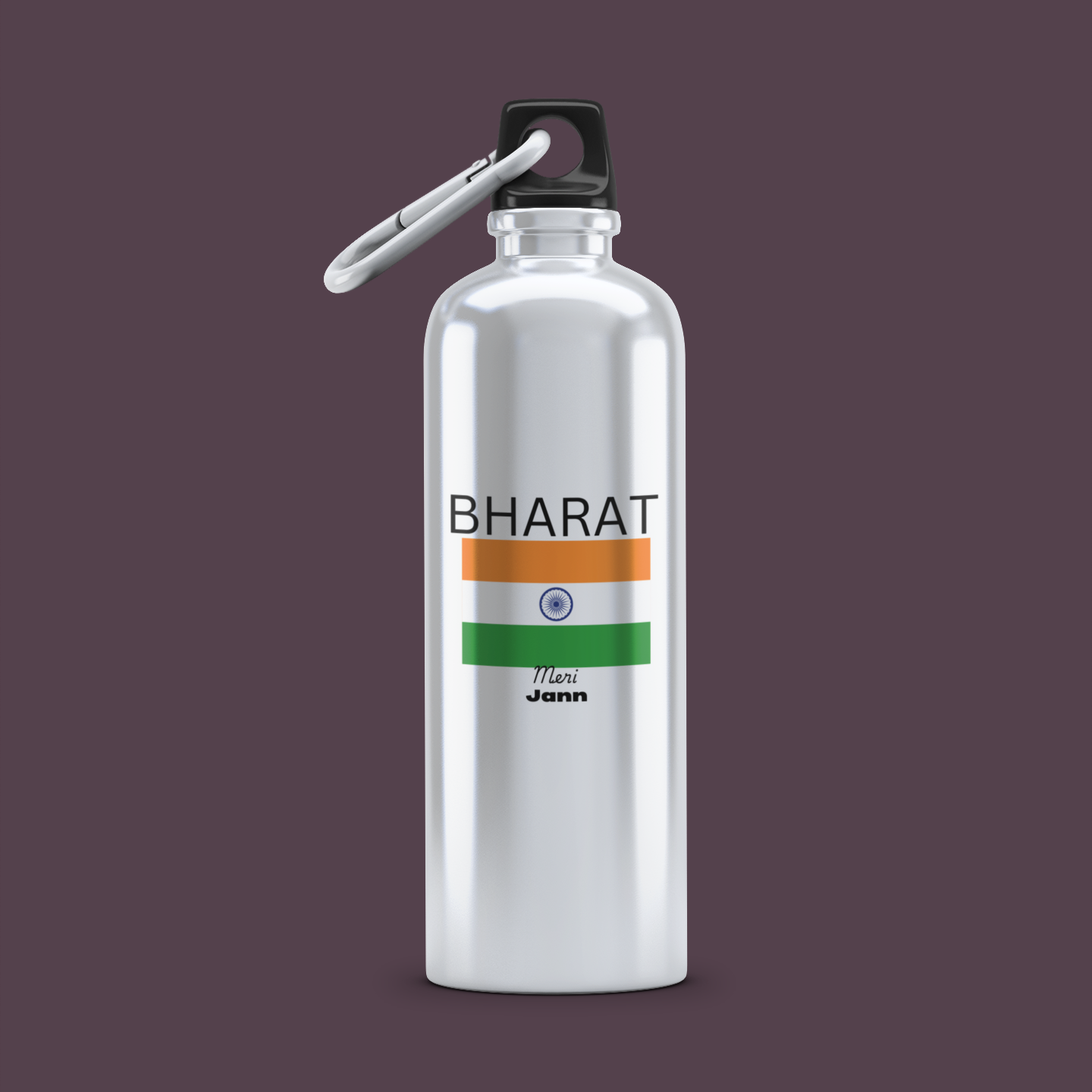Silver water bottle with 'Bharat' and Indian flag design on a dark background