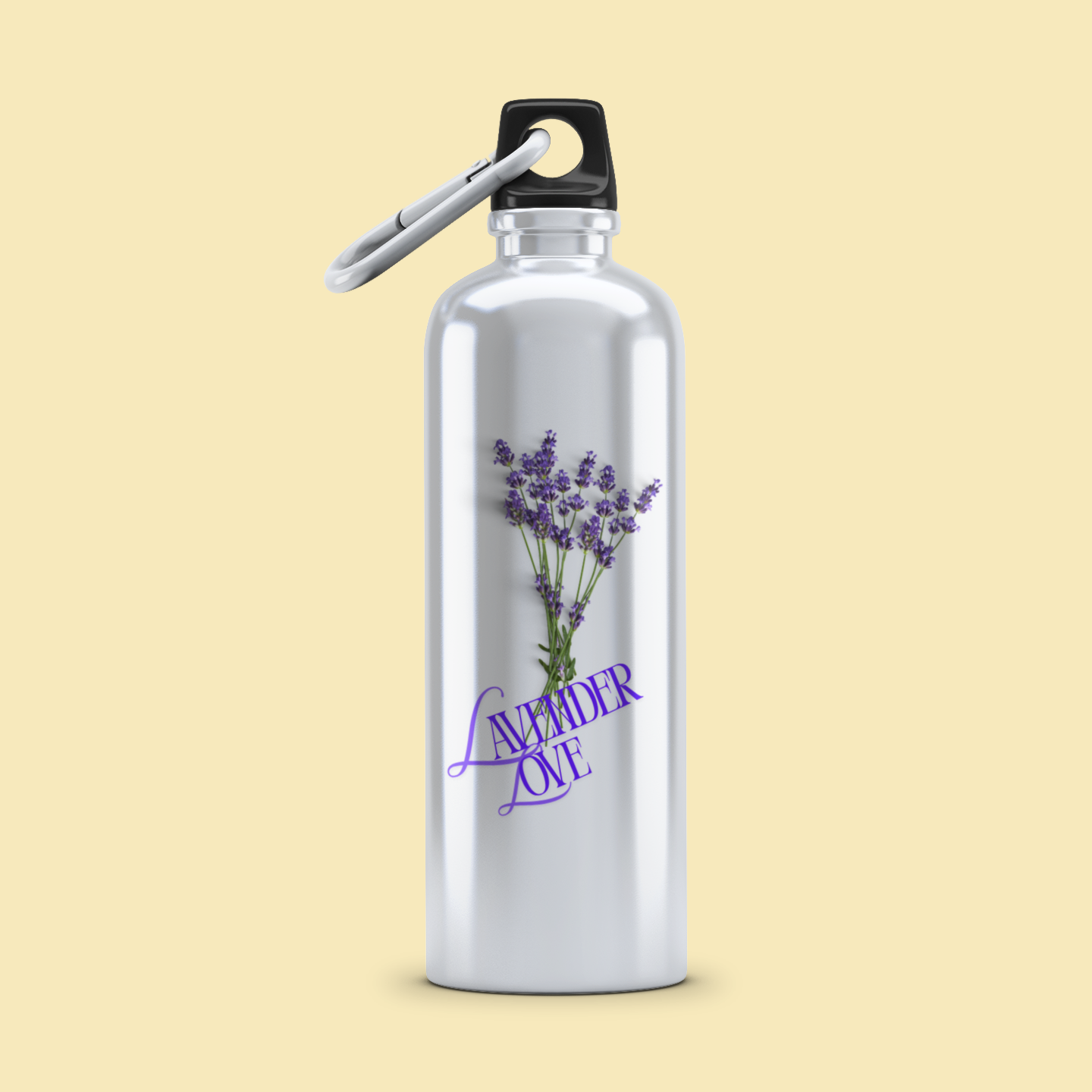 White water bottle with lavender design and 'Lavender Love' text on a beige background