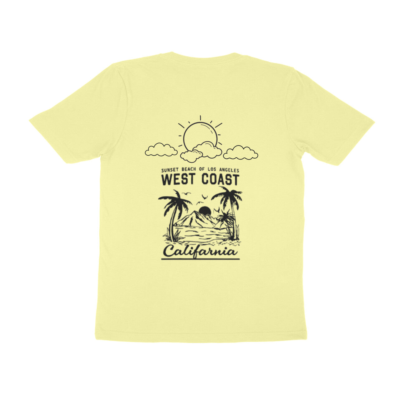 Light yellow t-shirt with a black graphic design on the back, featuring text and palm trees.