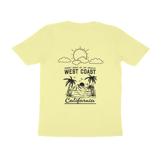 Light yellow t-shirt with a black graphic design on the back, featuring text and palm trees.