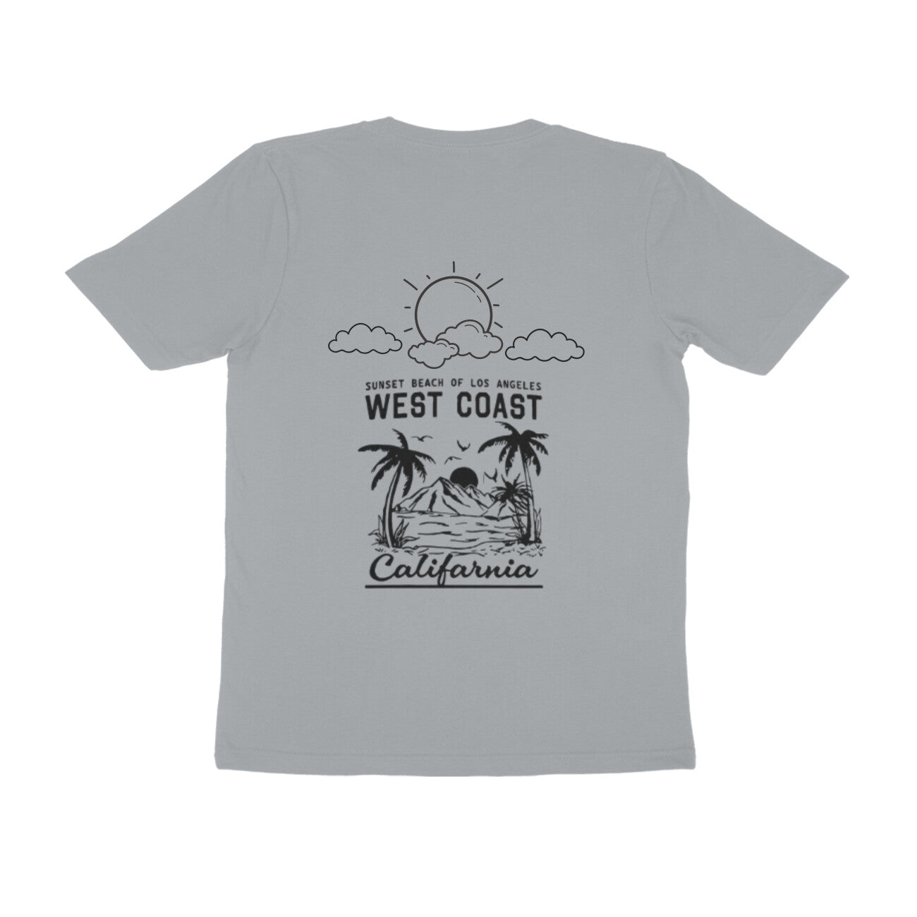 Gray t-shirt with a black graphic design on the back featuring palm trees and text.