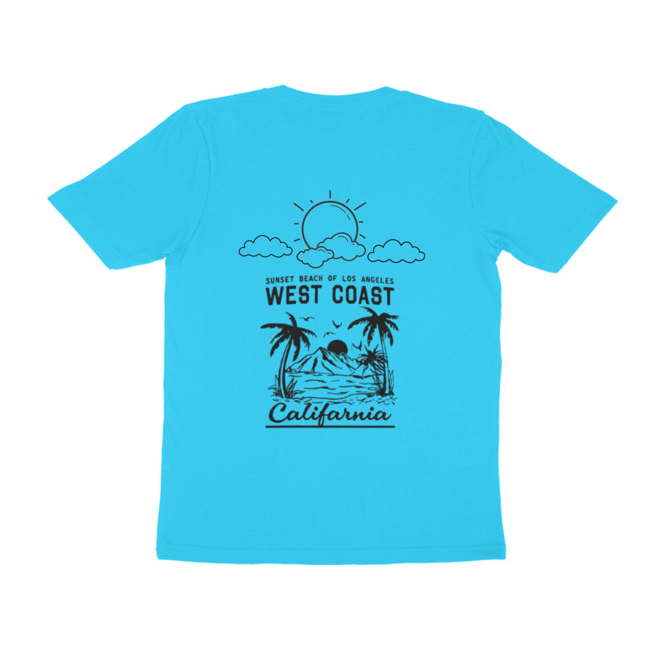 Blue t-shirt with a beach-themed graphic and text on a white background