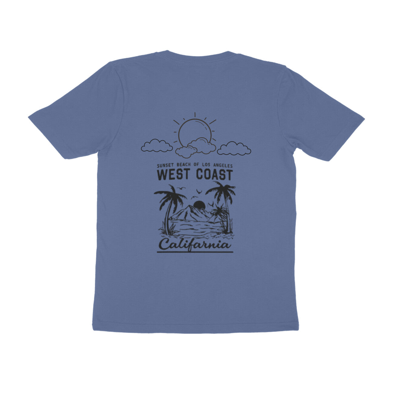 Blue t-shirt with 'West Coast California' graphic on a white background