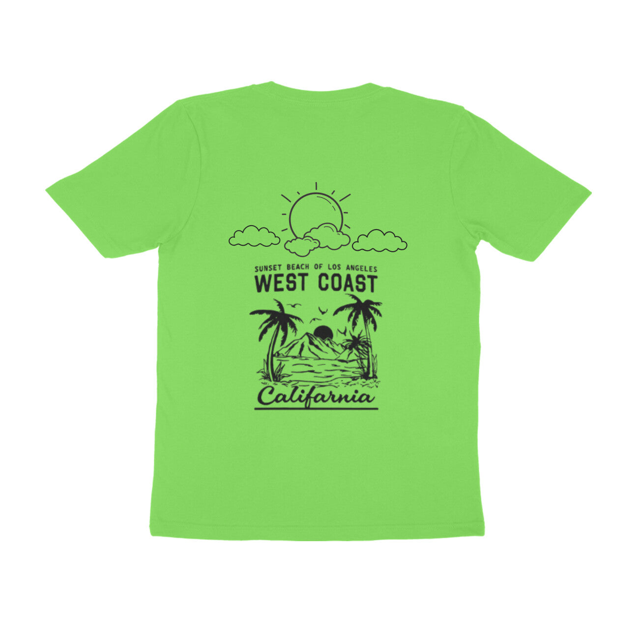 Green t-shirt with a black graphic design on the back on a white background