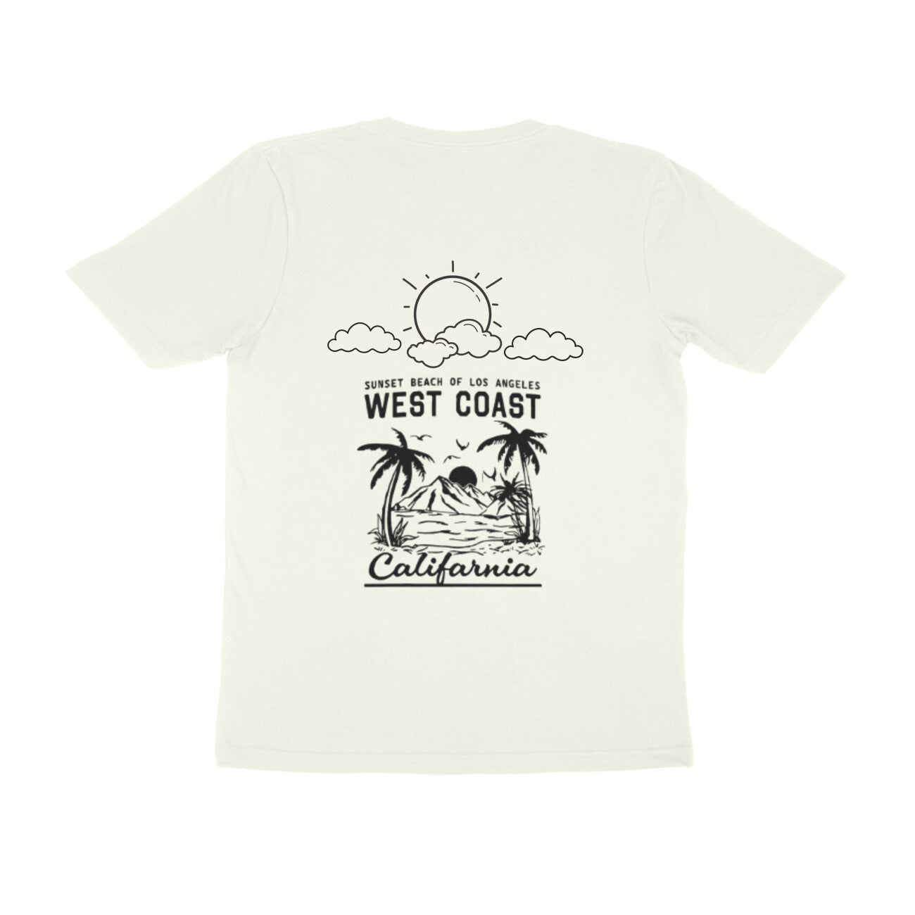 White t-shirt with black graphic design on a white background