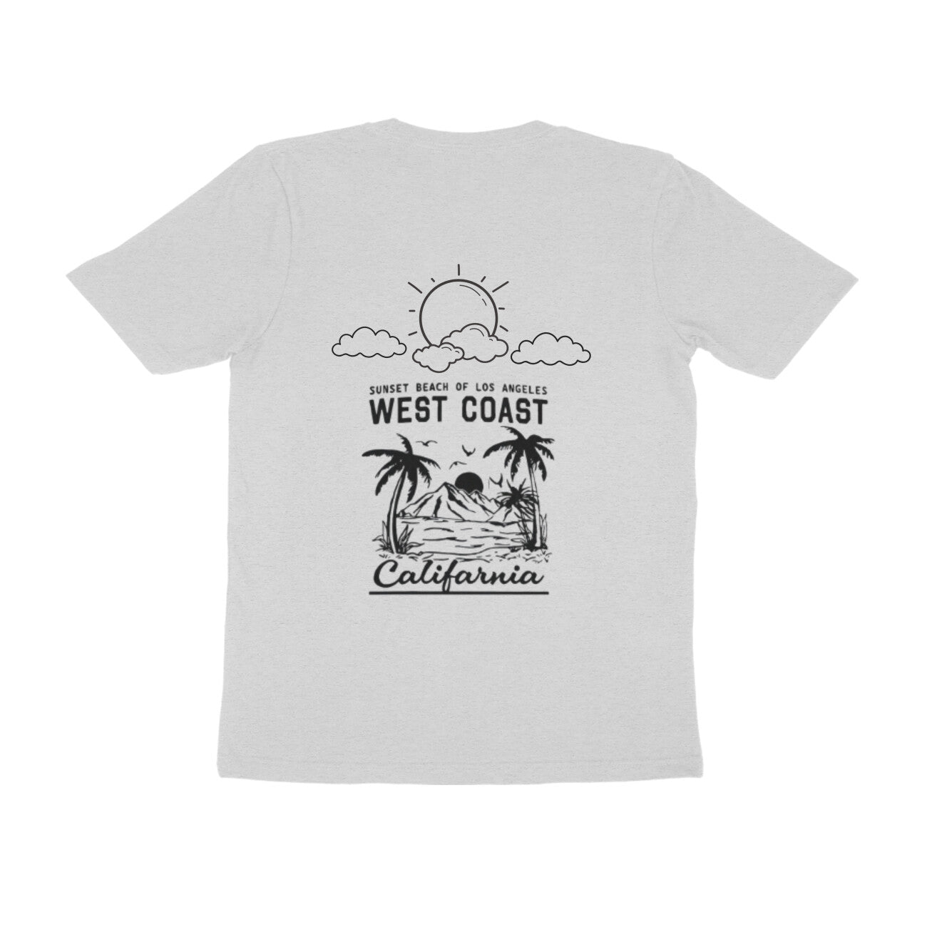 White t-shirt with black graphic design on a white background