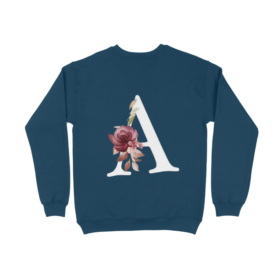 Navy blue sweatshirt with a decorative letter 'A' and floral design on the back against a white background