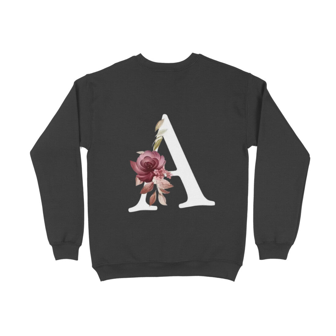 Black sweatshirt with a floral letter 'A' design on the back against a white background