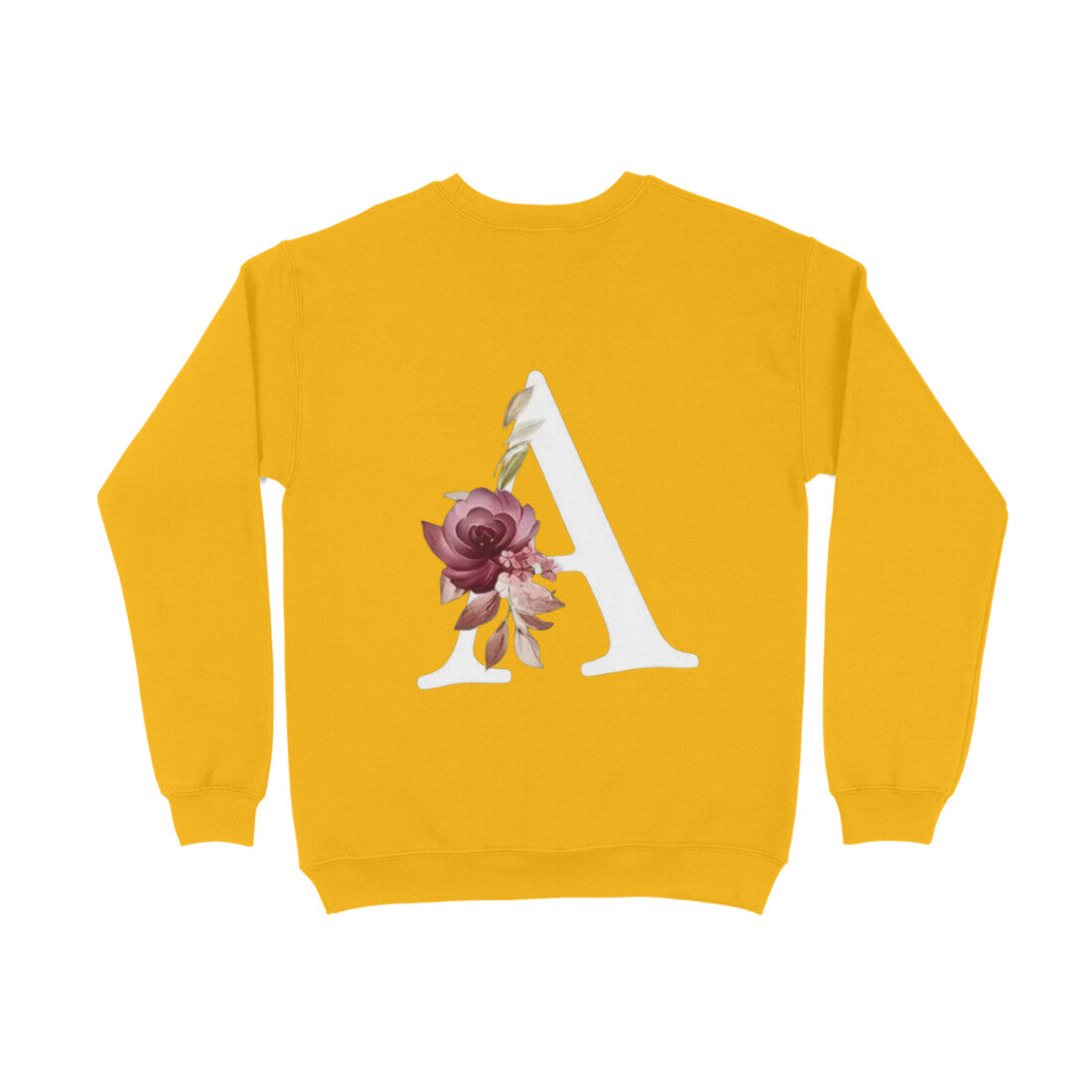 Yellow sweatshirt with a white letter 'A' and floral design on the back against a white background