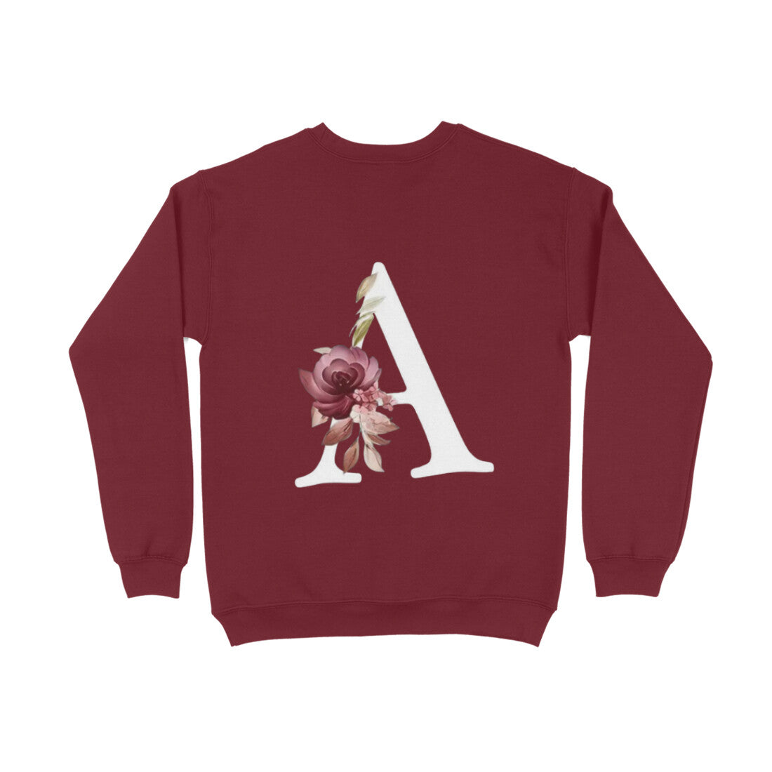 Maroon sweatshirt with a decorative letter 'A' on the back against a white background