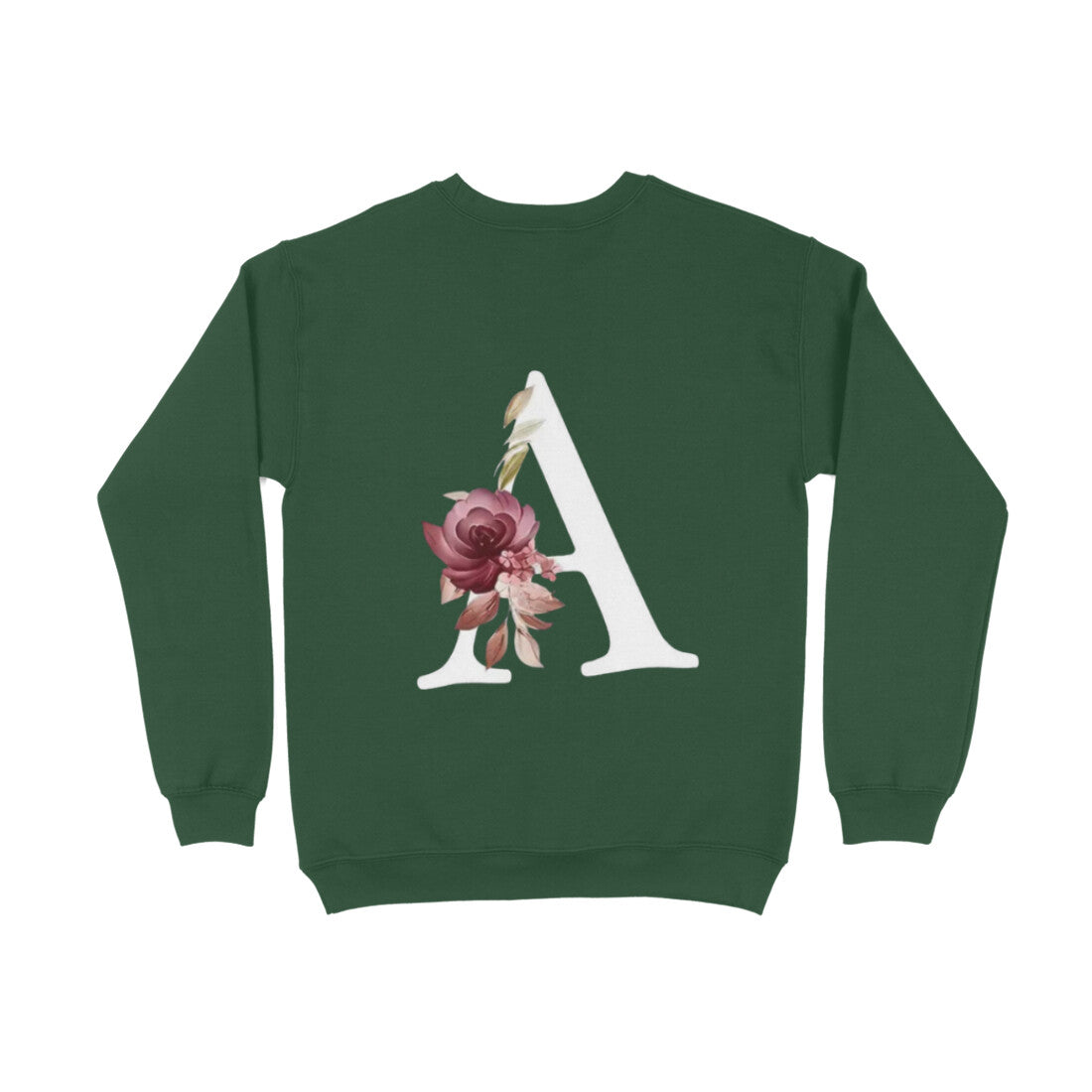 Green sweatshirt with a floral letter 'A' design on the back against a white background