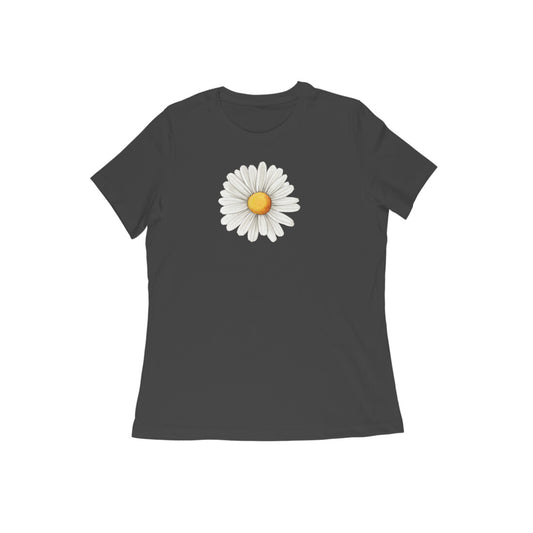 Black t-shirt with a white daisy graphic on a white background