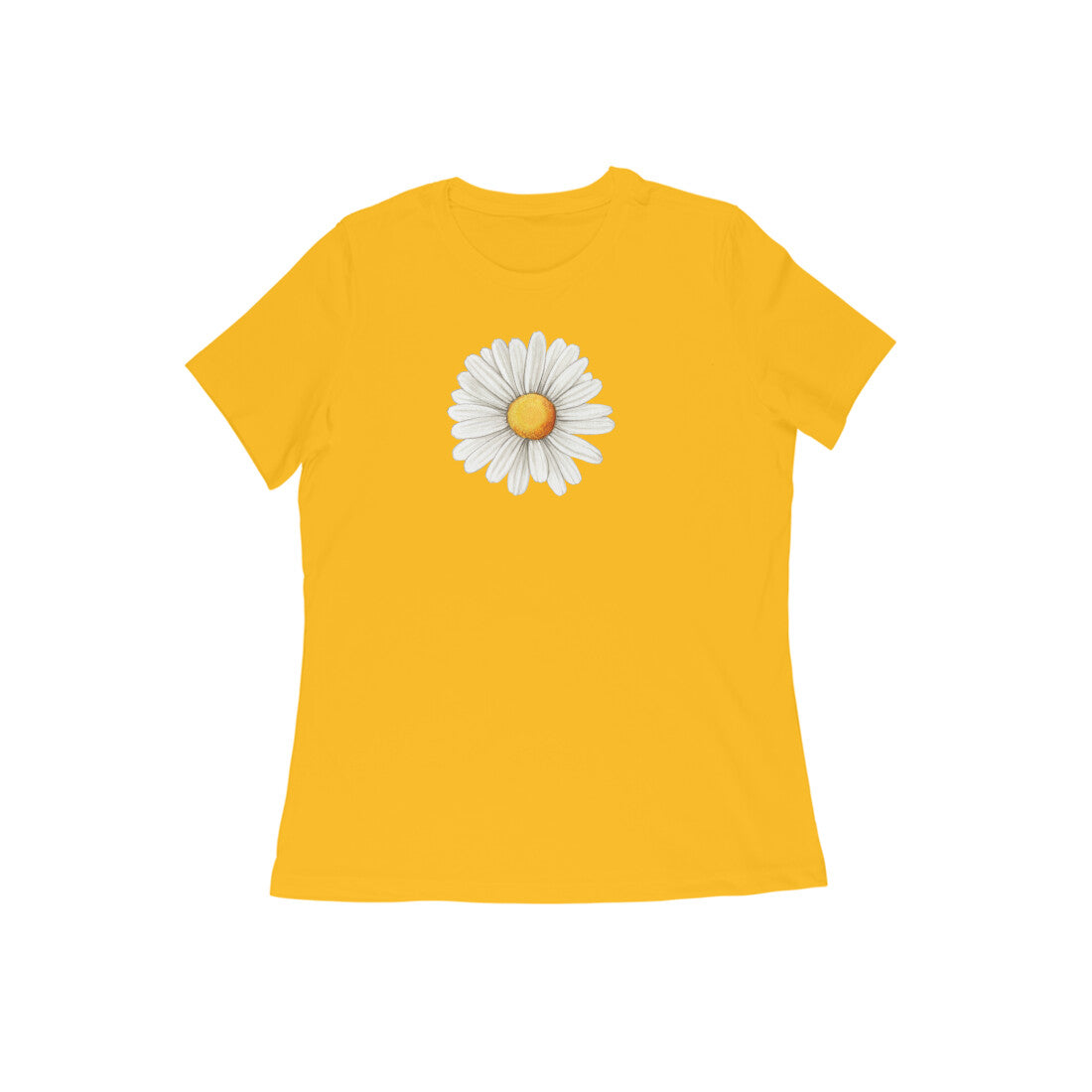 Yellow t-shirt with a white daisy graphic on a white background
