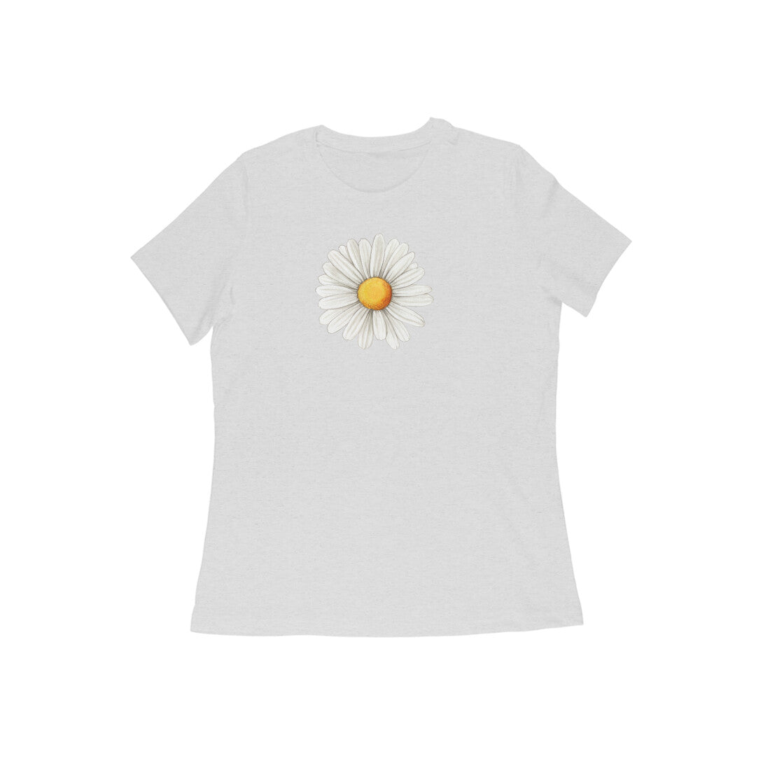 White t-shirt with a daisy graphic on a white background
