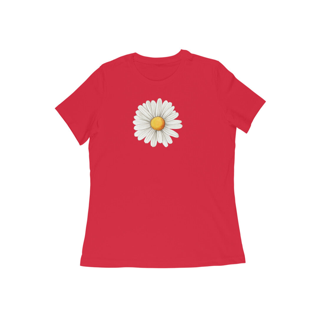 Red t-shirt with a white daisy graphic on a white background