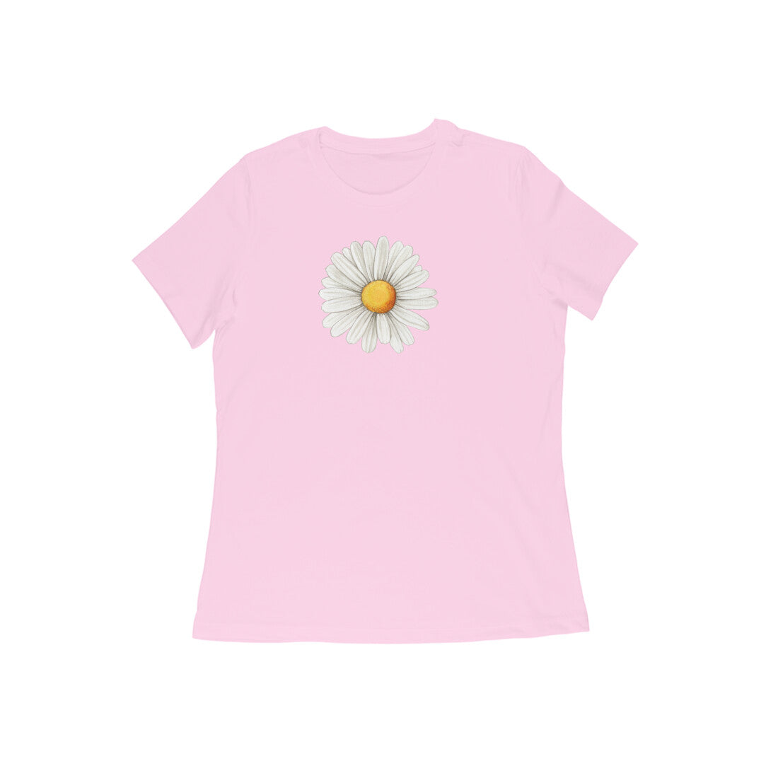 Pink t-shirt with a daisy graphic on a white background