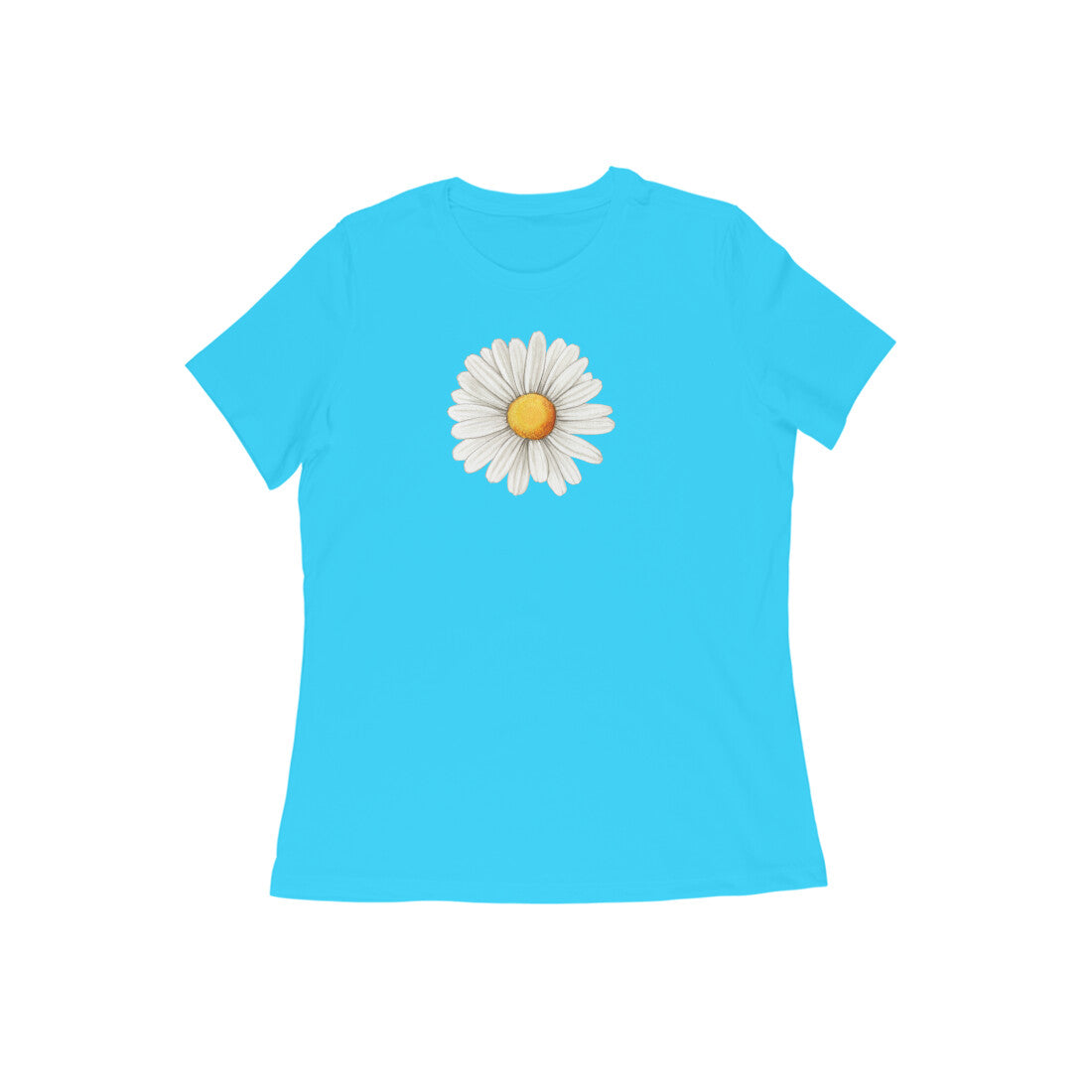 Blue t-shirt with a white daisy graphic on a white background