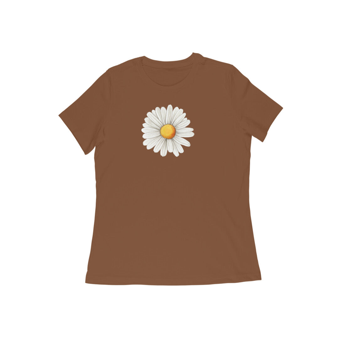 Brown t-shirt with a white daisy graphic on a white background