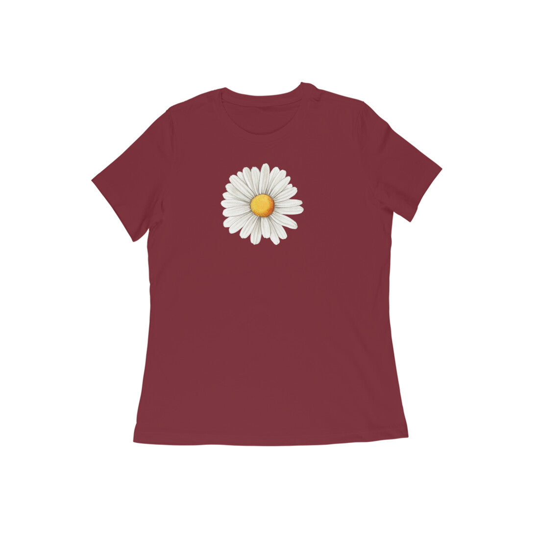 Maroon t-shirt with a white daisy graphic on a white background