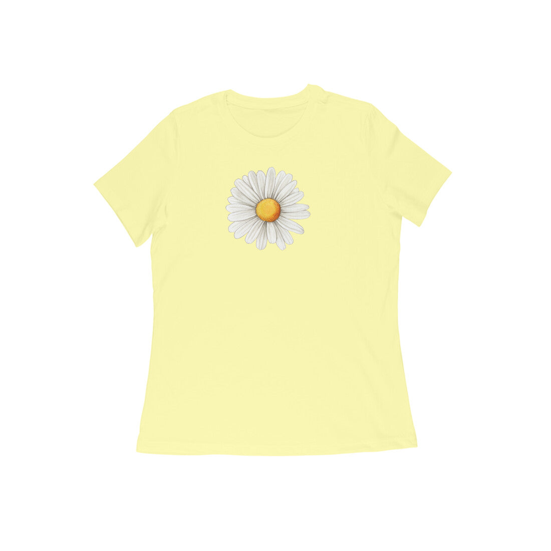Yellow t-shirt with a daisy graphic on a white background